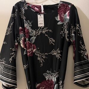 NY Collection Black Dress with Burgundy and Blush Floral Print